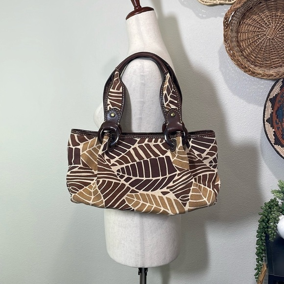 Fossil Tropical Leaf Canvas & Leather Shoulder Bag Purse Brown Tan Vintage - Picture 1 of 16